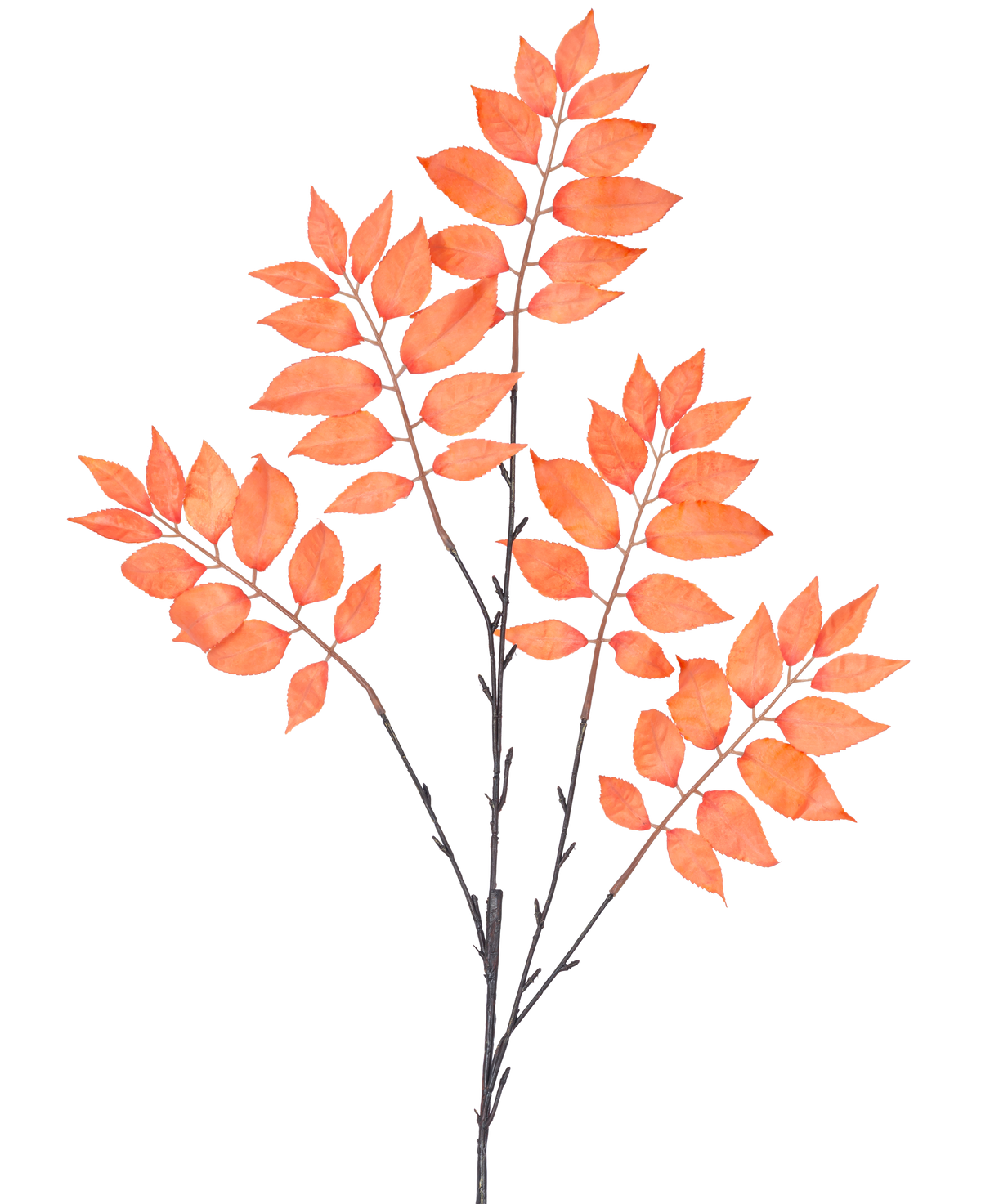Den konstgjorda grenen Ormbunke grenad 83 cm orange har tre klasar av tunna, mörka stjälkar med många orangeröda, ovala blad som är symmetriska i en öppen spridning mot en vit bakgrund.