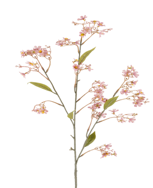 En enda stjälk av den konstgjorda blomman Daphne på 108 cm i gammalrosa, med små klasar av mjukrosa blommor och några gröna blad mot vit bakgrund.