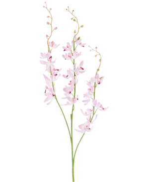 Två gröna stjälkar med grenade klasar av fina, ljuslila cymbidium-orkidéblommor och små knoppar på tunna, välvda kvistar, avbildade mot en vanlig vit bakgrund. Produkten som avbildas är den konstgjorda blomman Cymbidium 95 cm lila.