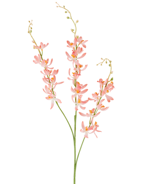 Tre långa gröna stjälkar av artificiell blomma Cymbidium 95 cm persika, med klasar av fina persikofärgade orkidéblommor och små gula knoppar, mot en vanlig vit bakgrund.