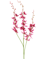 Tre stjälkar av den artificiella Cymbidium-blomman på 95 cm i vinröd, med livfulla blommor och små knoppar, visad mot en vit bakgrund.