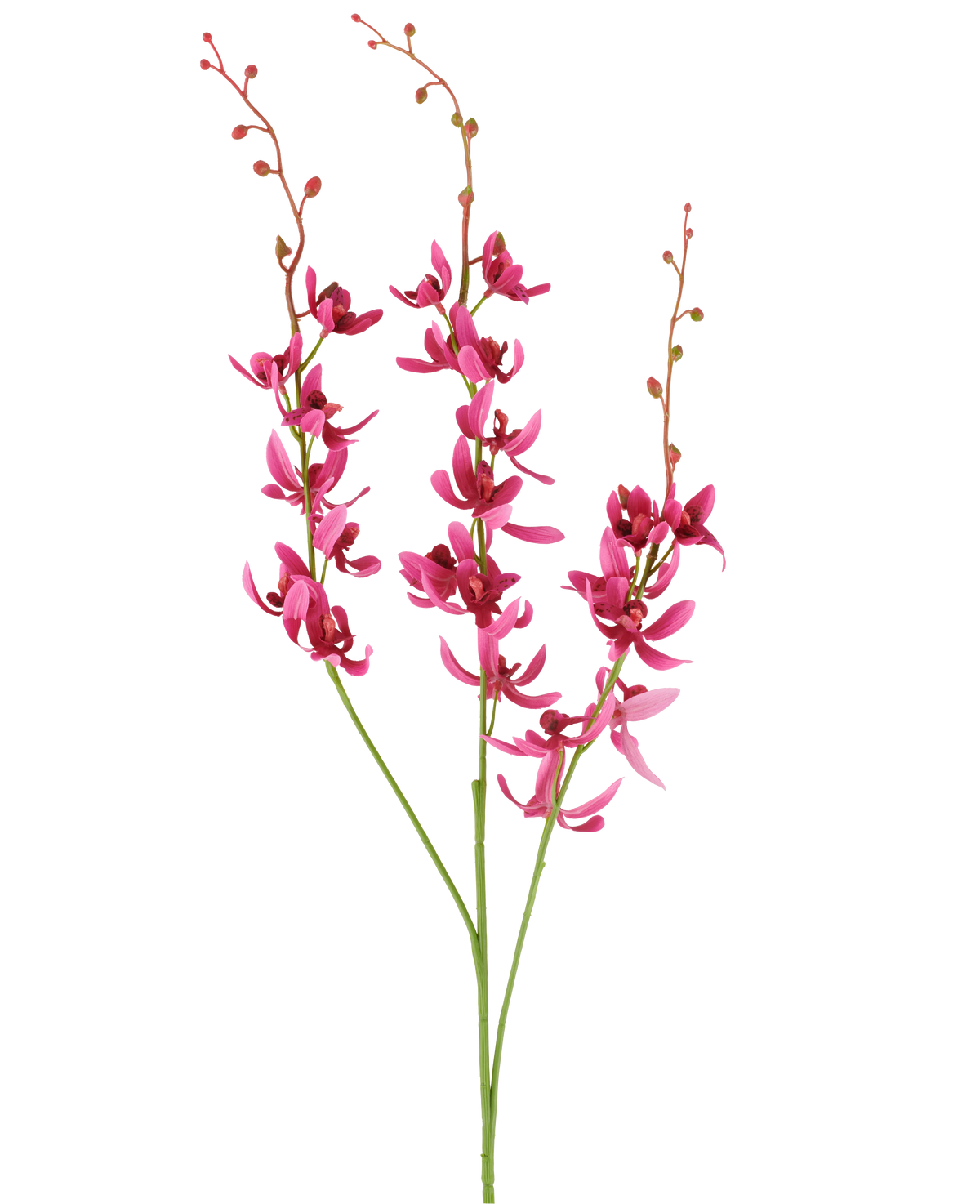 Tre stjälkar av den artificiella Cymbidium-blomman på 95 cm i vinröd, med livfulla blommor och små knoppar, visad mot en vit bakgrund.