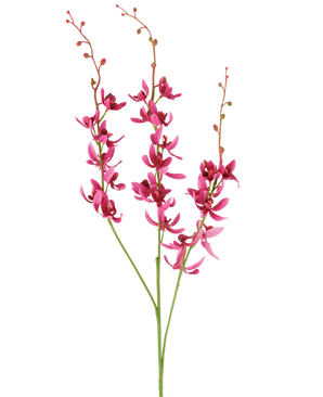 Tre stjälkar av den artificiella Cymbidium-blomman på 95 cm i vinröd, med livfulla blommor och små knoppar, visad mot en vit bakgrund.