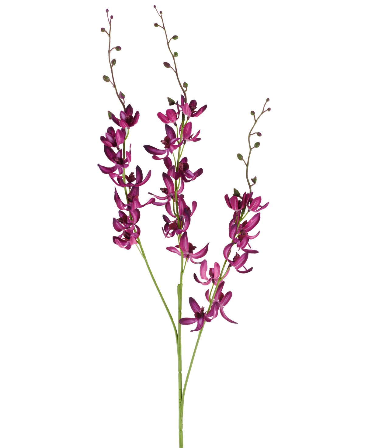 Tre långa stjälkar av den artificiella Cymbidium-blomman på 95 cm i vibrerande lila, med små gröna knoppar, mot en vanlig vit bakgrund.