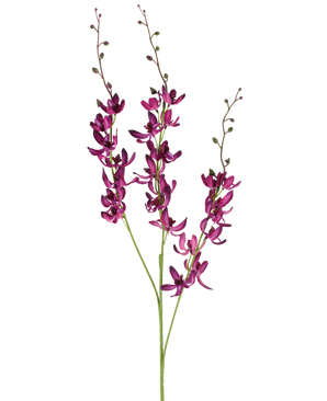 Tre långa stjälkar av den artificiella Cymbidium-blomman på 95 cm i vibrerande lila, med små gröna knoppar, mot en vanlig vit bakgrund.
