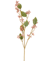 En enda stjälk av den konstgjorda daggbärsblomman, 78 cm hög i gammalrosa, med gröna blad och klasar av små, runda, rosa bär på smala bruna stjälkar, avbildade mot en vanlig vit bakgrund.