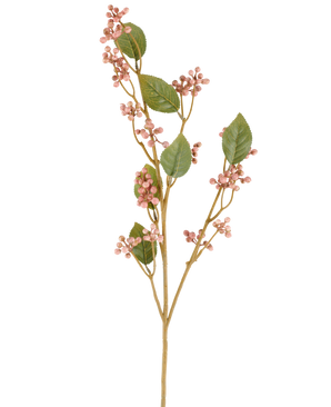 En enda stjälk av den konstgjorda daggbärsblomman, 78 cm hög i gammalrosa, med gröna blad och klasar av små, runda, rosa bär på smala bruna stjälkar, avbildade mot en vanlig vit bakgrund.
