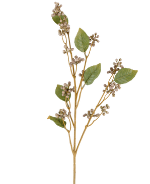 En enda stjälk av den konstgjorda blomsterdaggbäret, 78 cm hög, med flera gröna blad och klasar av små, runda beige bär på tunna bruna stjälkar i grå och lila toner, mot en vit bakgrund.