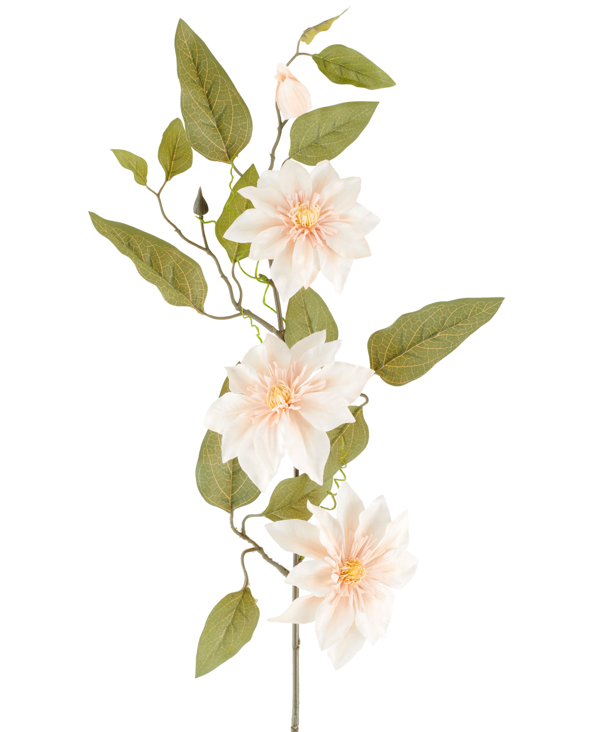 En detaljerad konstgjord blomsterklematis på 81 cm i färgen 'old cream' består av tre ljusrosa blommor, olika gröna blad och några knoppar, mot en vanlig vit bakgrund.
