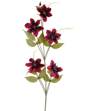En enda konstgjord blomma Clematis 78 cm vinröd, en konstgjord stjälk, består av fem djupröda vinröda blommor med mörka mittpunkter, omgivna av gröna blad och krullade rankor, mot en vanlig vit bakgrund.