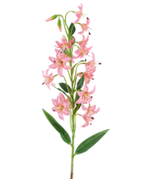 En enda stjälk av artificiell blomlilja 82 cm fuchsia, med livfulla fuchsiafärgade liljablommor med mörka fläckar, gröna blad och knoppar mot en vit bakgrund.