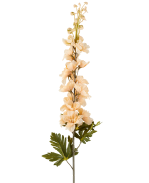 En enda stjälk av Artificiell Delphinium blomma 79 cm kräm/brun, med flera krämfärgade och bruna blommor och gröna blad, avbildad mot en vit bakgrund.