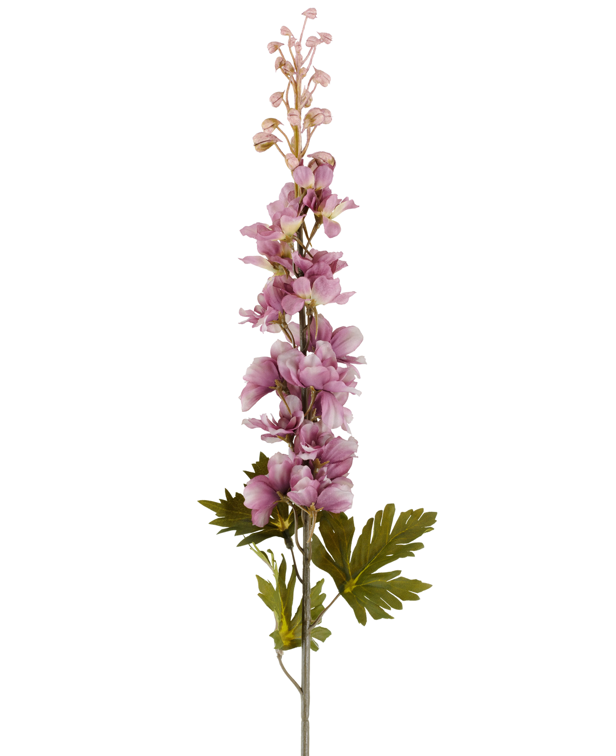En enda stjälk av artificiell blomma Delphinium 79 cm lila med flera lila-tonade rosa och lila blommor som blommar uppåt, accentuerade av gröna blad, avbildad mot en vit bakgrund.