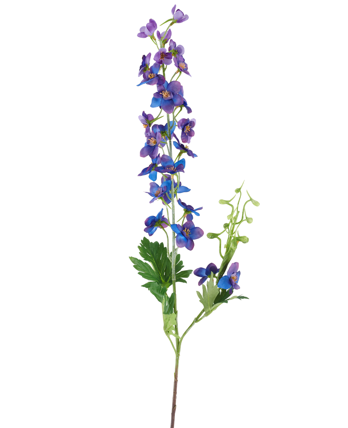 En enda hög artificiell blomma Delphinium som mäter 79 cm med en lila stjälk, med små, livfulla lila och blå blommor och gröna blad mot en vanlig vit bakgrund.