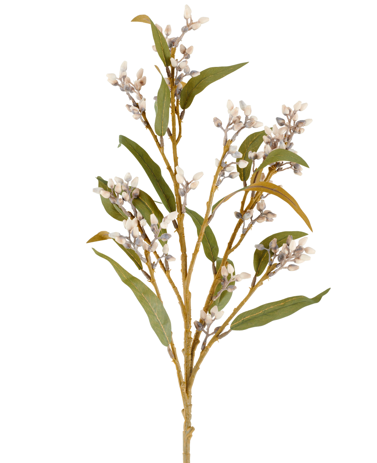 En enda 78 cm konstgjord blomeukalyptusstam i kräm/brunt, med flera grenar av gröna blad och klasar av små, runda blommor, avbildad mot en vanlig vit bakgrund.
