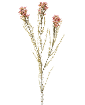 Ett enda 78 cm konstgjordt blomvax i gammalrosa har en grön stjälk med tre grenar, som var och en bär små, ömtåliga gammalrosa blommor och tunna, nålliknande blad, som visas mot en vanlig vit bakgrund.