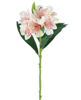 En enda stjälk av den konstgjorda Alstroemeria-blomman 74 cm ljusrosa med gröna blad och tre ljusrosa blommor med mörkrosa fläckar, mot en vit bakgrund.