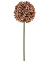 En enda artificiell blomma Allium på 75 cm i lila, med en lång grön stjälk och en stor, rund klase av små lila knoppar, avbildad på en vit bakgrund.