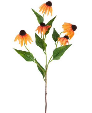 En enda artificiell blomma Echinacea på 75 cm, orange, med fem levande orange kottar, var och en med en mörkbrun mitt och omgiven av gröna blad, mot en vanlig vit bakgrund.