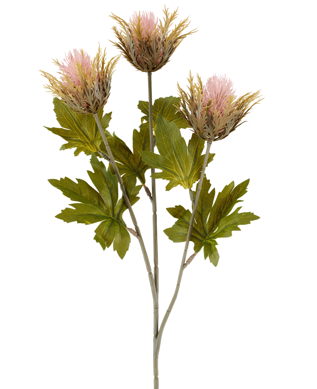 Konstgjord blomtistel 67 cm gammalrosa består av tre rosa och guldfärgade, taggiga konstgjorda tistelblommor med gröna blad på grå stjälkar, avbildade mot en vit bakgrund.