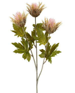 Konstgjord blomtistel 67 cm gammalrosa består av tre rosa och guldfärgade, taggiga konstgjorda tistelblommor med gröna blad på grå stjälkar, avbildade mot en vit bakgrund.
