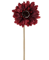 Den konstgjorda blomman Gerbera 53 cm bordeaux består av en konstgjord gerbera i en rik, mörkröd nyans med skiktade kronblad och ett brunt hjärta, fäst vid en lång, rak, ljus stjälk och presenterad mot en vanlig vit bakgrund.