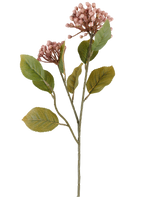 Konstgjord blomma Hortensia 55 cm lila, med klasar av små, lila knoppar och gröna blad på långa, smala brungröna stjälkar, avbildade på vit bakgrund.