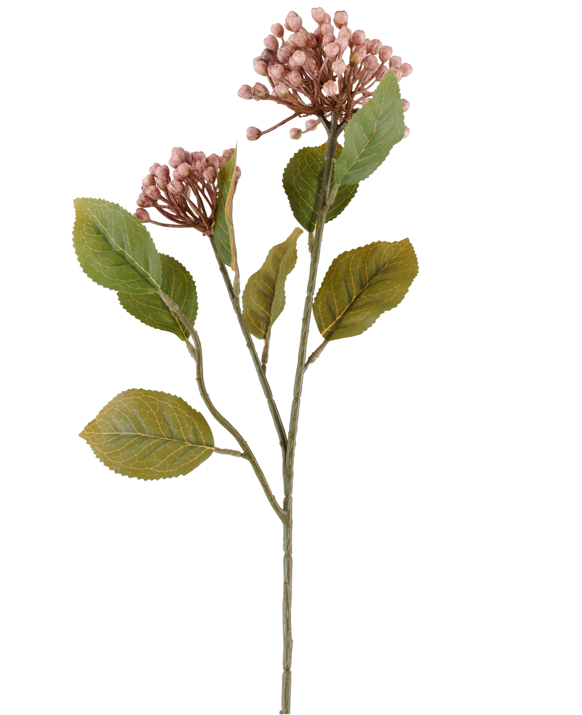 Konstgjord blomma Hortensia 55 cm lila, med klasar av små, lila knoppar och gröna blad på långa, smala brungröna stjälkar, avbildade på vit bakgrund.