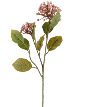 Konstgjord blomma Hortensia 55 cm lila, med klasar av små, lila knoppar och gröna blad på långa, smala brungröna stjälkar, avbildade på vit bakgrund.