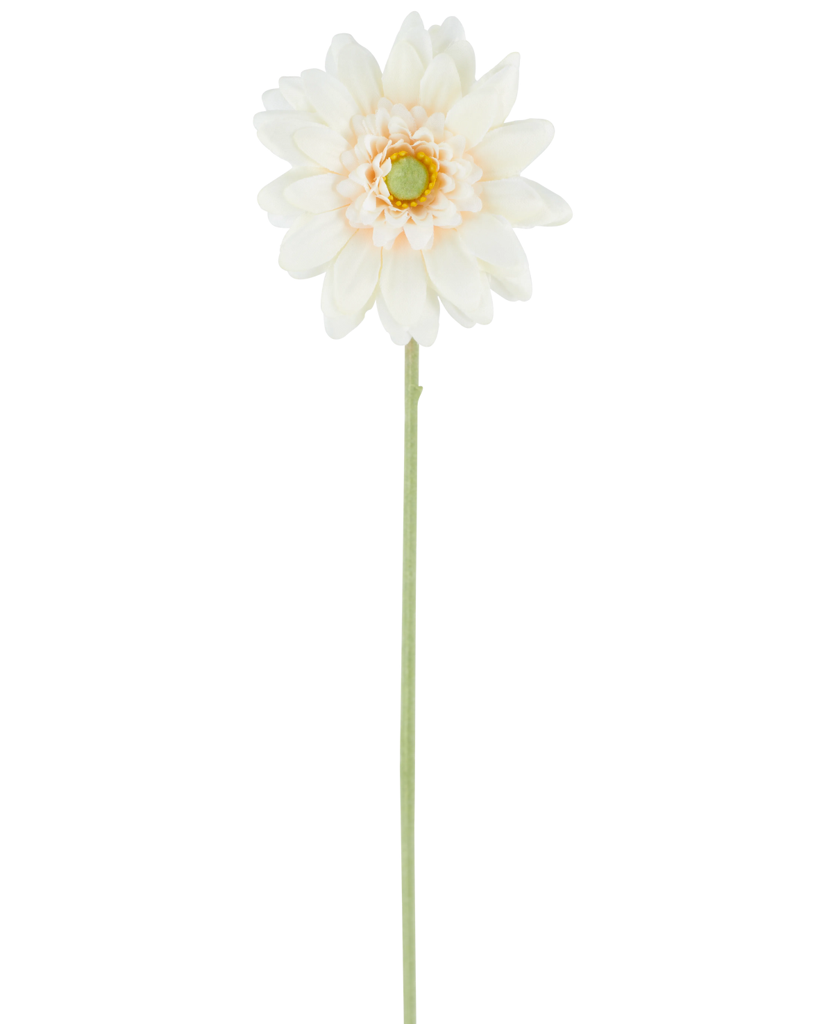 Artificiell blomma Mini Gerbera 47 cm kräm är en enda konstgjord blomma i en krämig vit nyans, med skiktade kronblad och ett grönt hjärta, fäst vid en lång, rak grön stjälk och presenterad mot en vanlig vit bakgrund.
