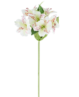 Konstgjord blomma Alstroemeria 47 cm krämfärgad med krämfärgade kronblad och subtila röda fläckar, kompletterad med gröna blad på en enda grön stjälk, avbildad mot en vit bakgrund.