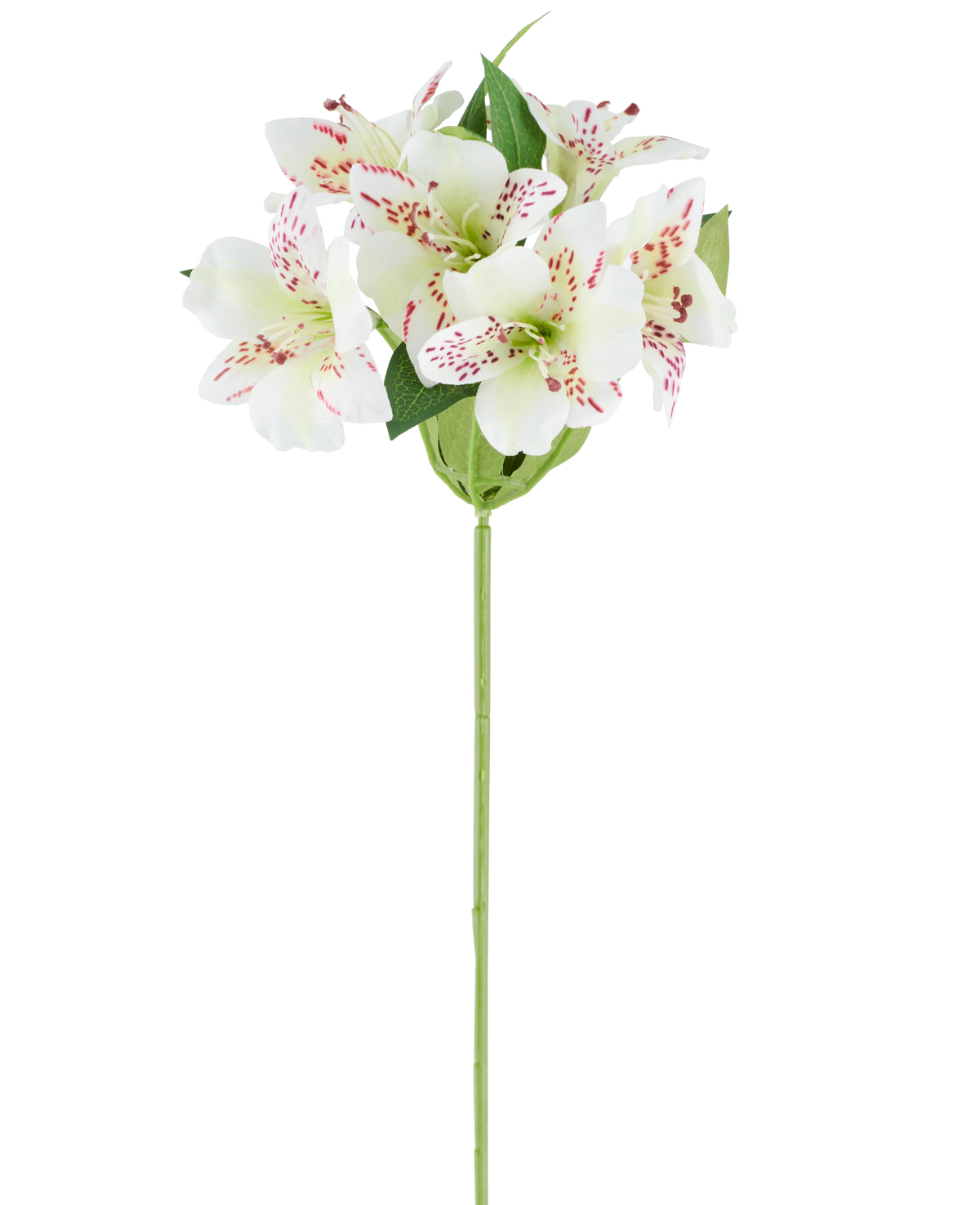 Konstgjord blomma Alstroemeria 47 cm krämfärgad med krämfärgade kronblad och subtila röda fläckar, kompletterad med gröna blad på en enda grön stjälk, avbildad mot en vit bakgrund.