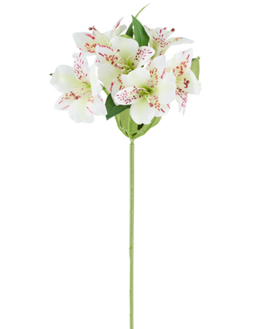 Konstgjord blomma Alstroemeria 47 cm krämfärgad med krämfärgade kronblad och subtila röda fläckar, kompletterad med gröna blad på en enda grön stjälk, avbildad mot en vit bakgrund.