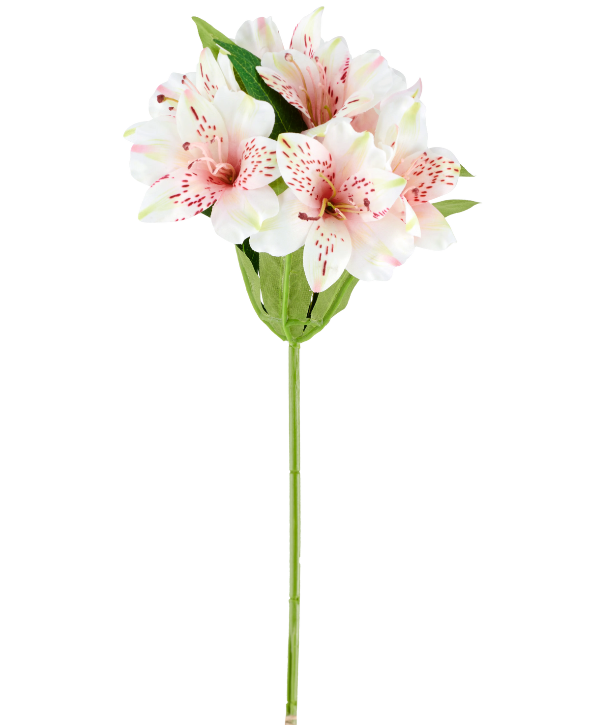En konstgjord Alstroemeria-blomma på 47 cm i rosa/kräm, med ljusrosa och vita konstgjorda liljor med gröna blad och stjälk, avbildad på vit bakgrund.