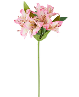 En enda konstgjord Alstroemeria-blomma på 47 cm, rosa/kräm, med olika rosa och krämfärgade blommor och gröna blad, visad mot en vit bakgrund.