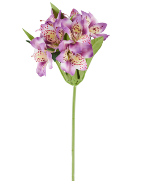 En enda konstgjord Alstroemeria-blomma på 47 cm, lila till färgen, med flera lila blommor med rosa fläckar, gröna blad och en grön stjälk, fotograferad mot en vit bakgrund.
