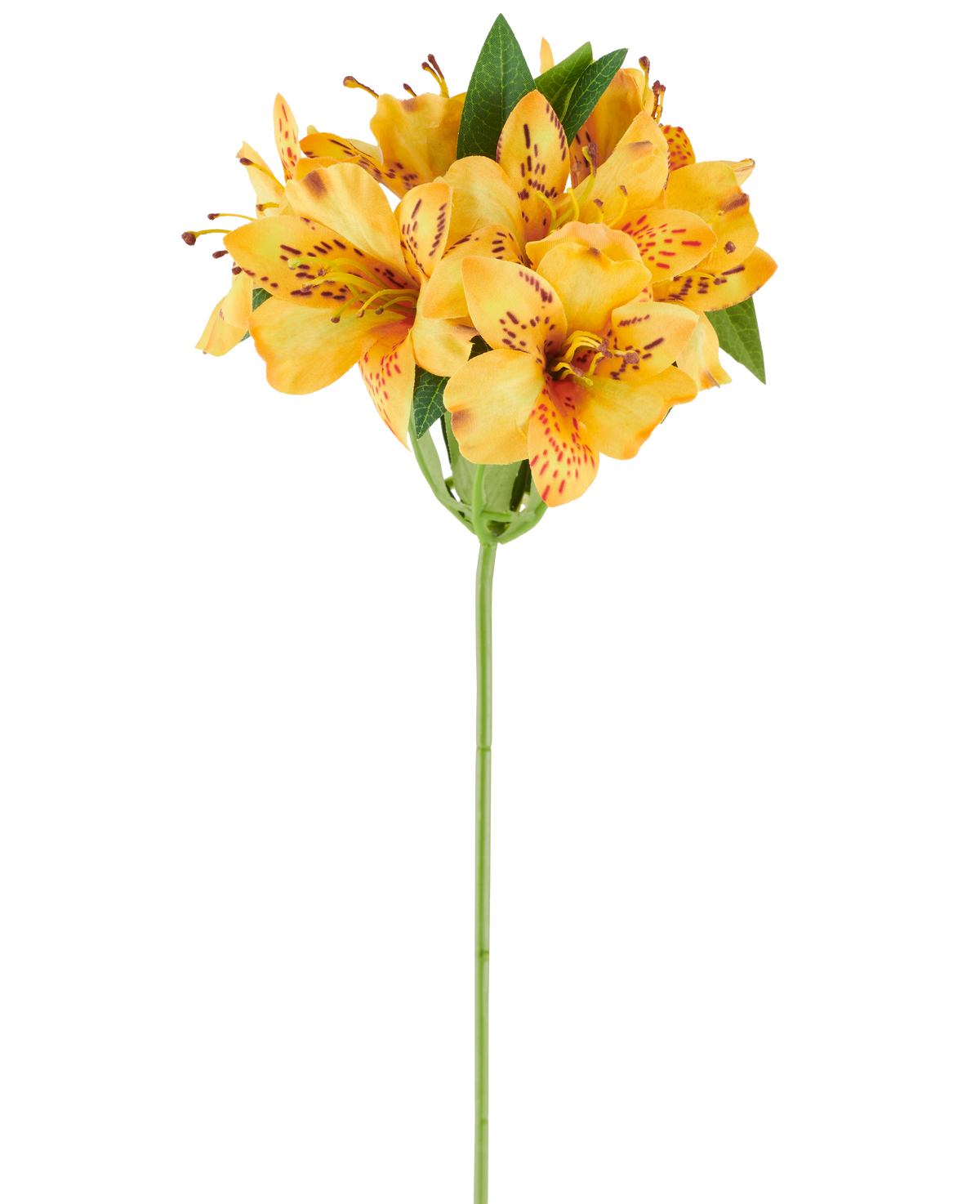 En 47 cm konstgjord Alstroemeria-blomma, gul, med livfulla gul-orange fläckiga kronblad och frodiga gröna blad på en enda grön stjälk, avbildad mot en vit bakgrund.
