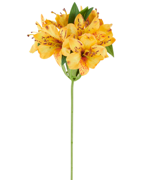 En 47 cm konstgjord Alstroemeria-blomma, gul, med livfulla gul-orange fläckiga kronblad och frodiga gröna blad på en enda grön stjälk, avbildad mot en vit bakgrund.