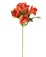 Konstgjord blomma Alstroemeria, 47 cm, orange med flera prickiga blommor och gröna blad på vit bakgrund.