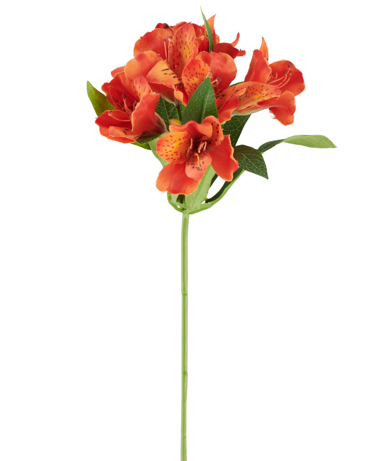 Konstgjord blomma Alstroemeria, 47 cm, orange med flera prickiga blommor och gröna blad på vit bakgrund.