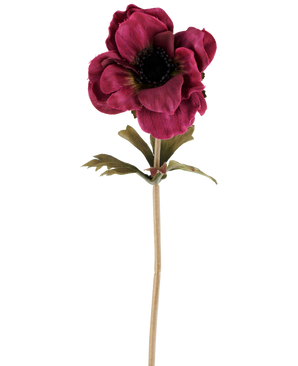 En enda konstgjord anemonblomma på 38 cm i vinröd, med lager av mörkrosa kronblad, ett mörkt hjärta, gröna blad och en lång, smal stjälk, avbildad mot en vanlig vit bakgrund.