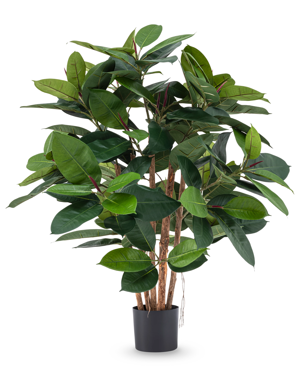 Artificiell växtgummi deluxe 90 cm har flera trästjälkar och stora, glänsande gröna blad i en svart kruka - perfekt för att tillföra verklighetstrogen elegans till alla rum.