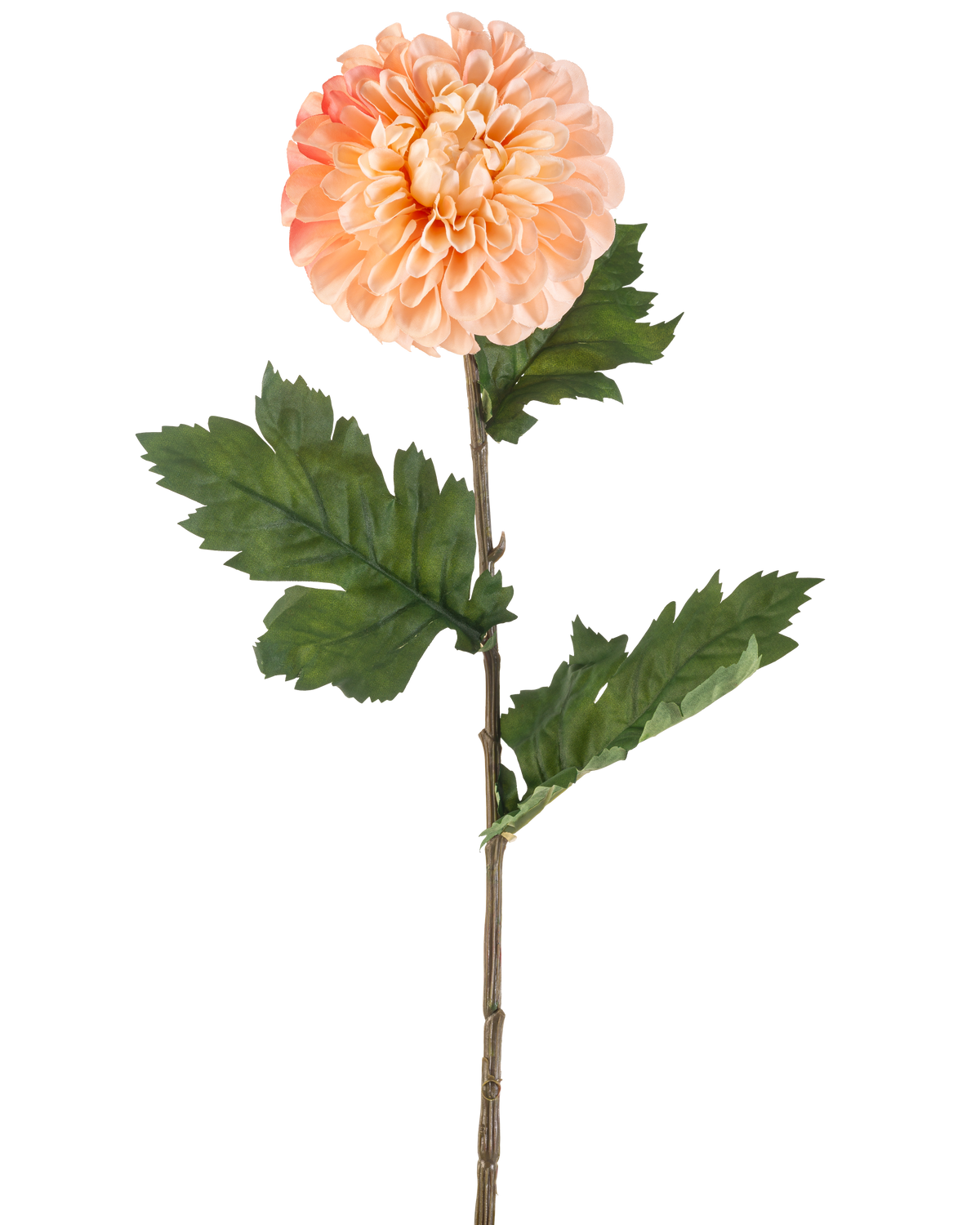 Den konstgjorda blomma Dahlia 75 cm persika har en persikofärgad dahlia med skiktade kronblad och tre knippen av tandade gröna blad på en lång stjälk, avbildad mot en vit bakgrund.