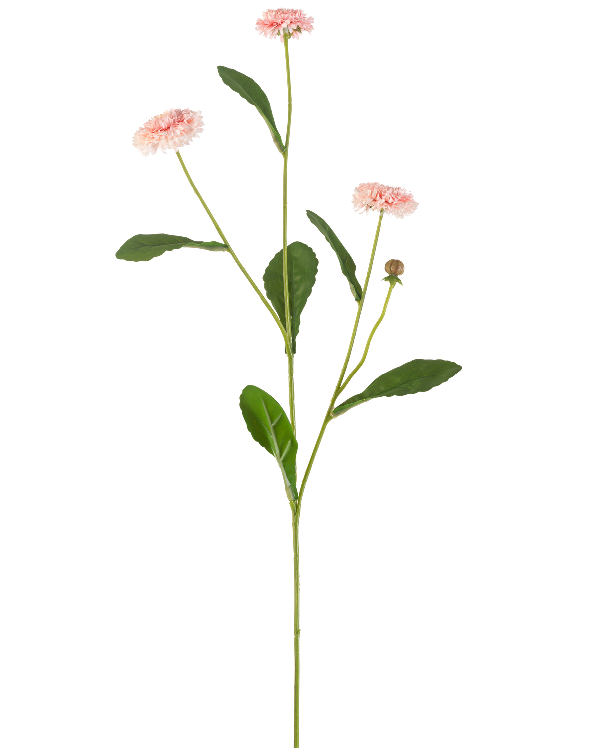 Den konstgjorda blomman sommarstjärna 57 cm rosa har en lång grön stjälk med tre rosa tusensköna-liknande blommor och flera gröna blad, mot en vanlig vit bakgrund.