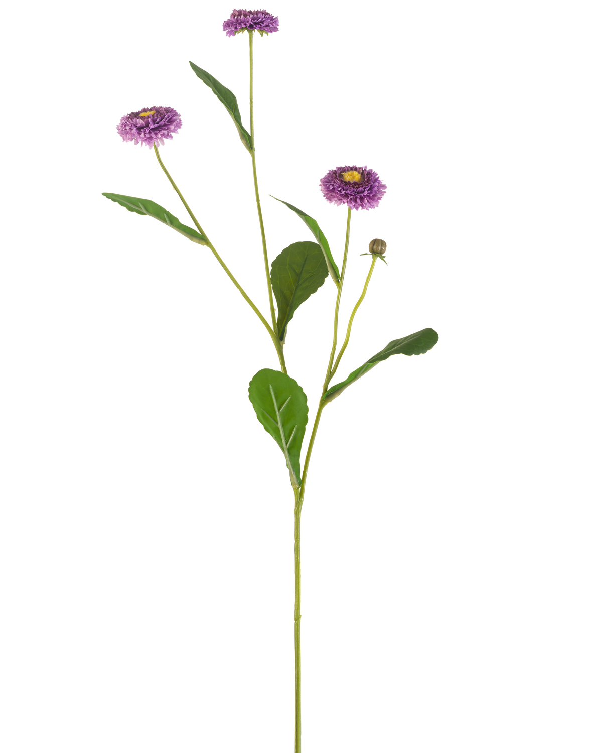 Ett sommargaller för konstgjorda blommor på 57 cm med en enda grön stjälk, tre lila prästkrageliknande blommor med ett gult hjärta och ett antal gröna blad, avbildade mot en vanlig vit bakgrund.