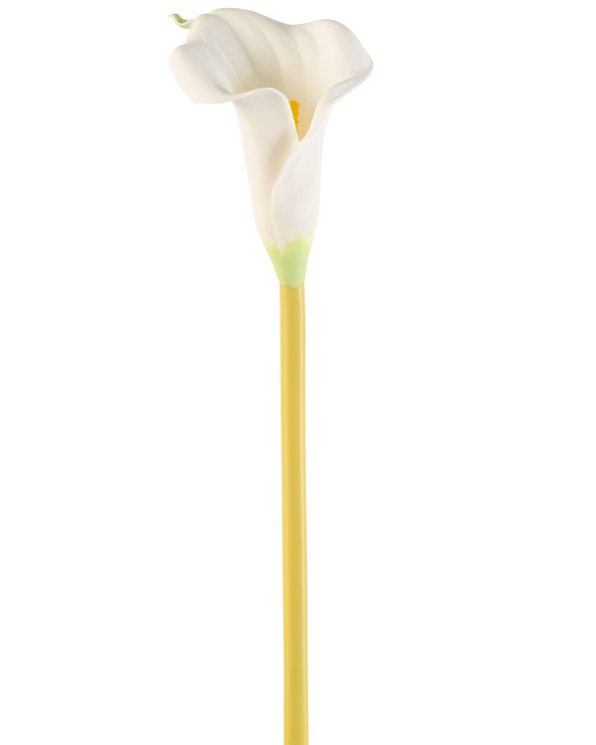 Den konstgjorda blomman Calla 64 cm kräm är en enda konstgjord vit calla lilja med en lång gul stjälk, mot en vanlig vit bakgrund.