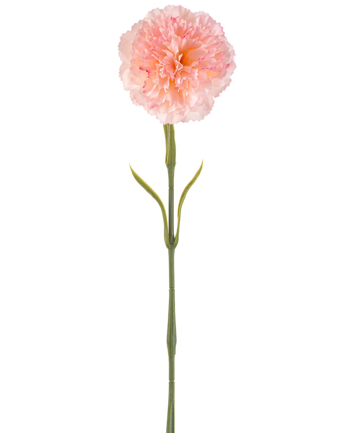 Konstgjord blomma Nejlika 57 cm rodnande: En enda konstgjord ljusrosa nejlika med veckade kronblad på en lång grön stjälk och två par smala blad, avbildad mot en vit bakgrund.