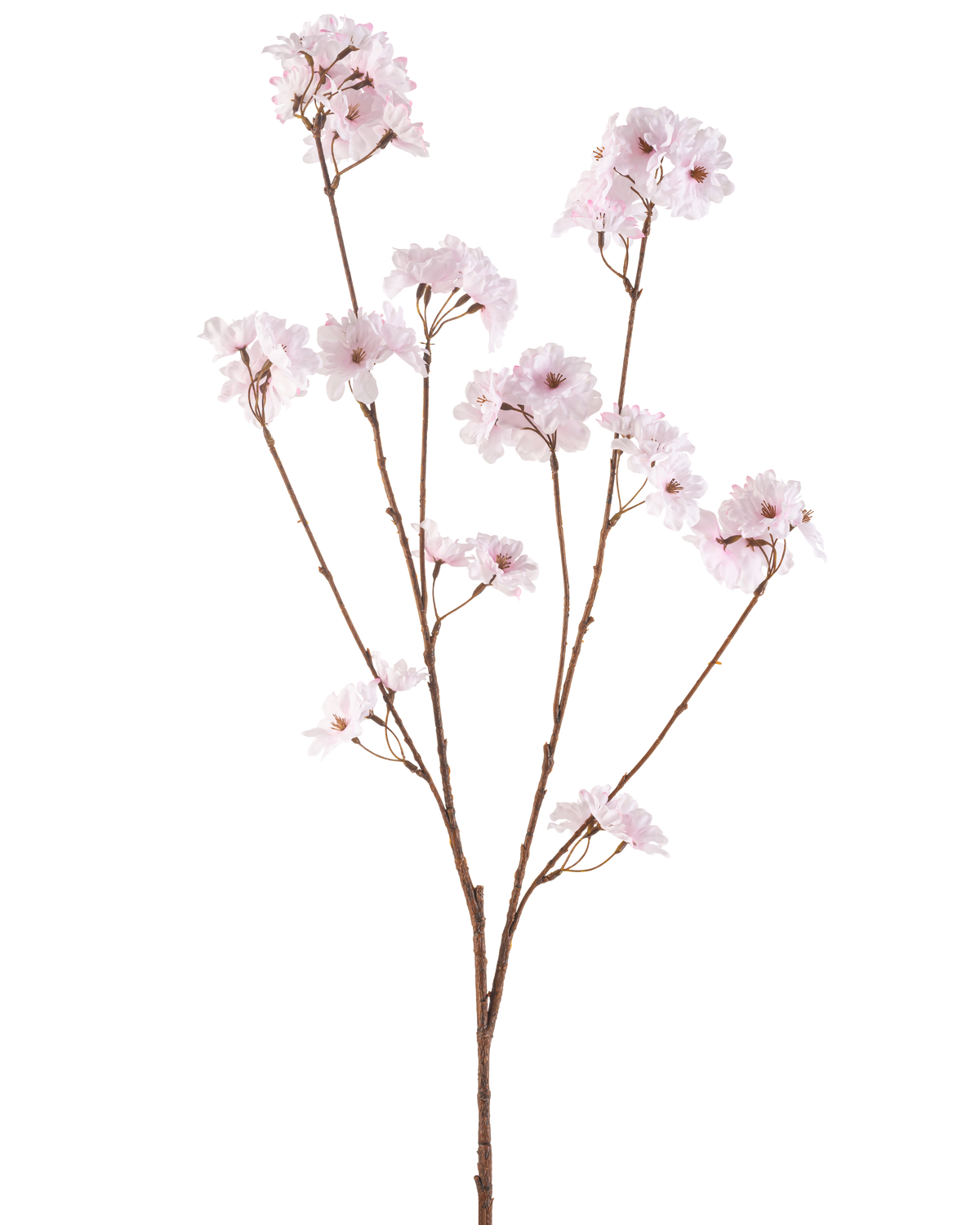 Konstgjorda blommor körsbärsblommor 114 cm ljusrosa har en enda brun gren med flera tunna stjälkar, var och en dekorerad med klasar av fina, ljusrosa körsbärsblommor, mot en vanlig vit bakgrund.