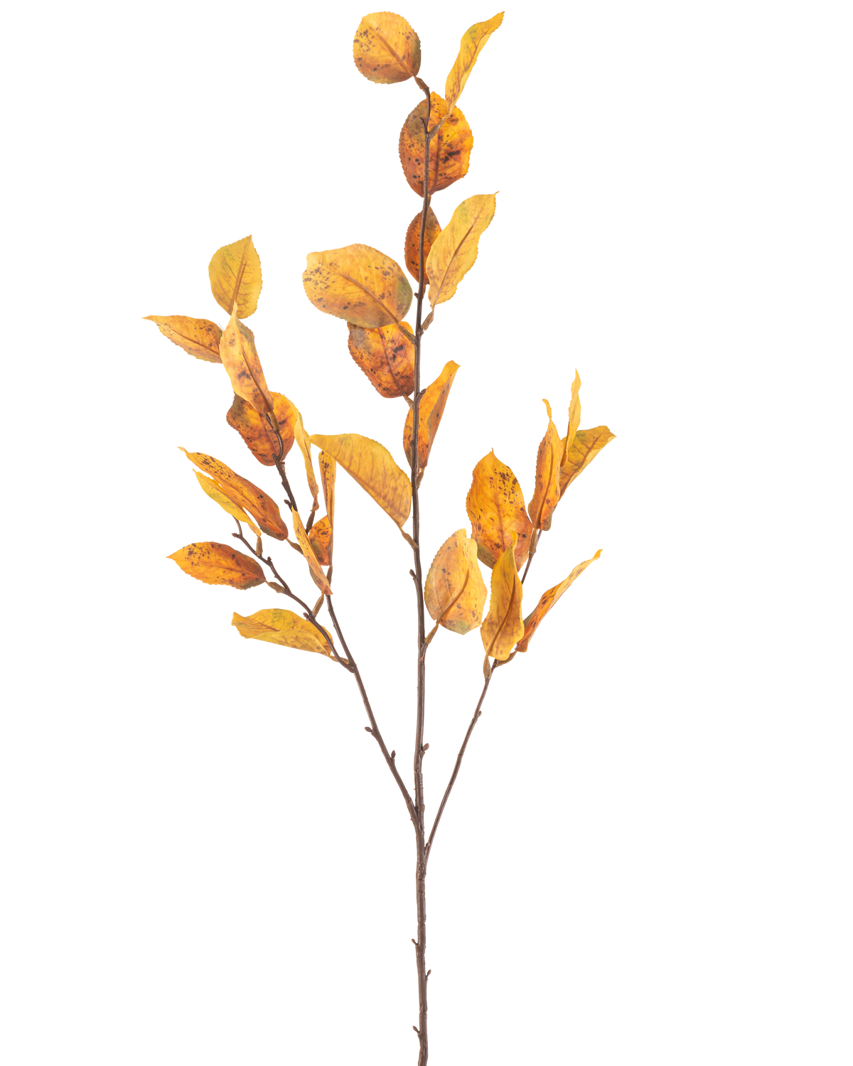 Den konstgjorda blomman citronblad 107 cm gul har en enda brun gren med klasar av gula höstlöv, isolerade på en vit bakgrund.