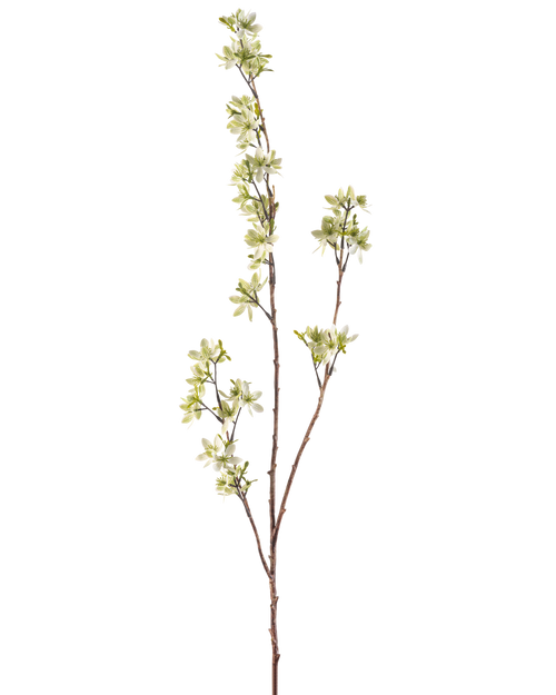 De konstgjorda blommorna 102 cm gröna är en enkel, smal brun gren med flera utlöpare och små klasar av ljusgröna och vita blommor mot en vanlig vit bakgrund.